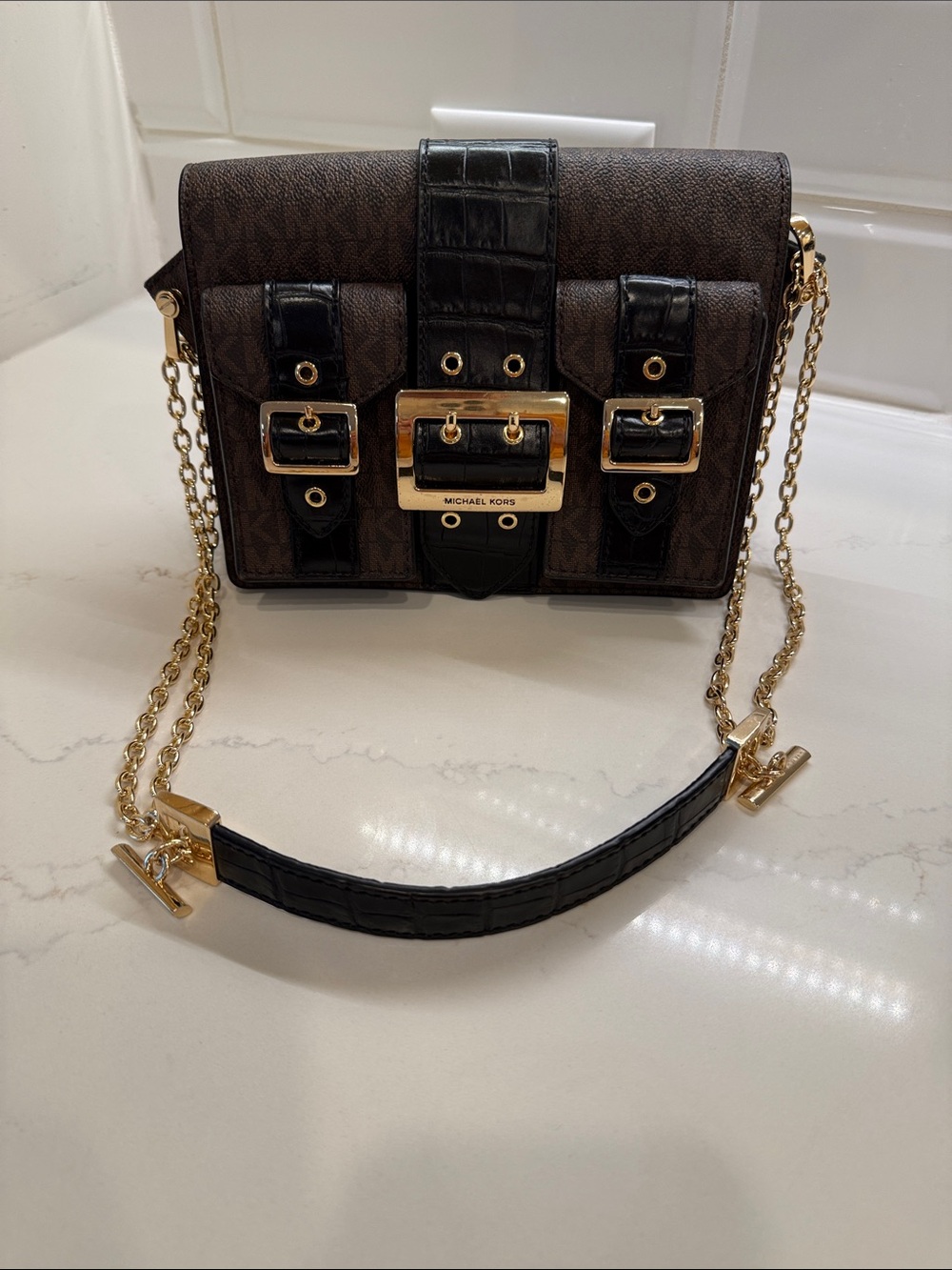 Michael Kors Brown & Black Signature Shoulder Bag with Gold Hardware
